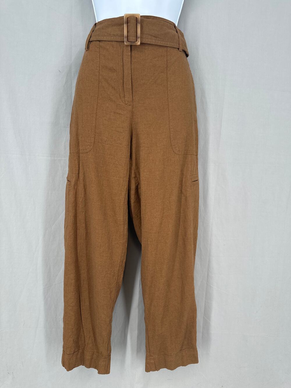 Rachel Zoe Pants Womens Medium Brown Cargo Linen Belted High Rise Straight Crop